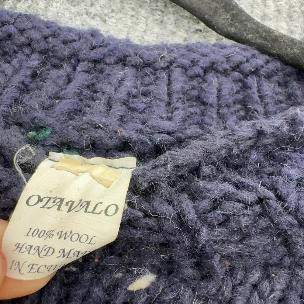 Vintage Otavalo Sweater Mens L Navy Wool Hand Knit Geometric Boho Cozy Folk